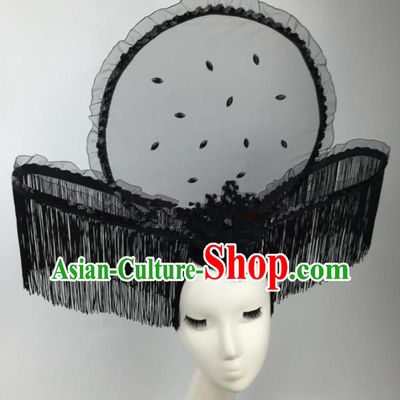 Chinese Traditional Catwalks Black Flowers Tassel Headdress Palace Exaggerated Hair Accessories for Women