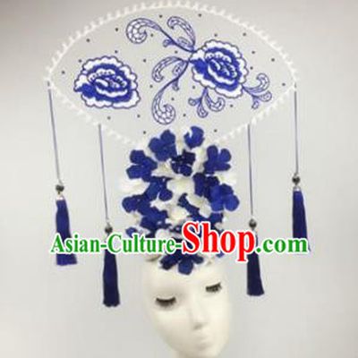Chinese Traditional Catwalks Blue Peony Headdress Palace Exaggerated Hair Accessories for Women