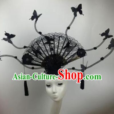 Chinese Traditional Catwalks Black Lace Butterfly Headdress Palace Exaggerated Hair Accessories for Women