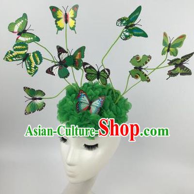 Top Grade Halloween Catwalks Headdress Brazilian Carnival Green Butterfly Hair Accessories for Women