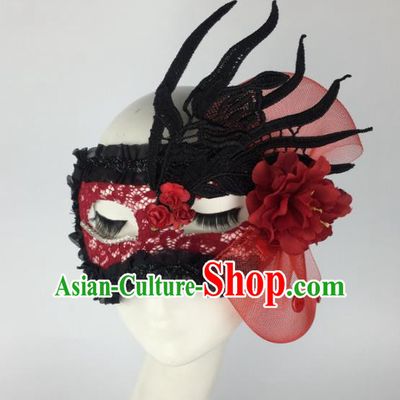 Halloween Exaggerated Accessories Catwalks Red Lace Peony Masks for Women