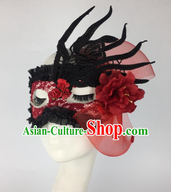 Halloween Exaggerated Accessories Catwalks Red Lace Peony Masks for Women Halloween Exaggerated Accessories Catwalks Red Lace Peony Masks for Women