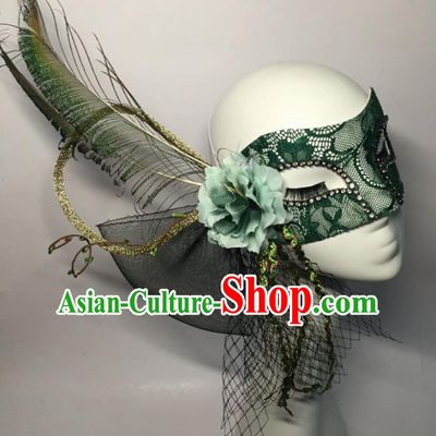 Halloween Exaggerated Accessories Catwalks Green Lace Feather Masks for Women