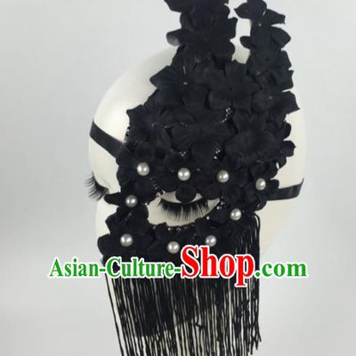 Halloween Exaggerated Accessories Catwalks Black Flowers Tassel Masks for Women
