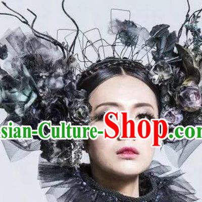 Top Grade Halloween Catwalks Hair Accessories Headdress Palace Black Roses Hat for Women