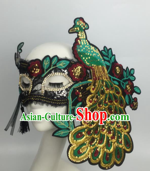Halloween Exaggerated Accessories Catwalks Green Embroidered Peacock Masks for Women Halloween Exaggerated Accessories Catwalks Green Embroidered Peacock Masks for Women