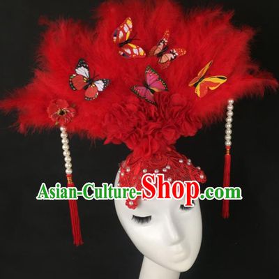 Top Grade Halloween Catwalks Hair Accessories Brazilian Carnival Red Feather Lace Headdress for Women