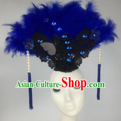 Top Grade Halloween Catwalks Hair Accessories Brazilian Carnival Blue Feather Lace Headdress for Women