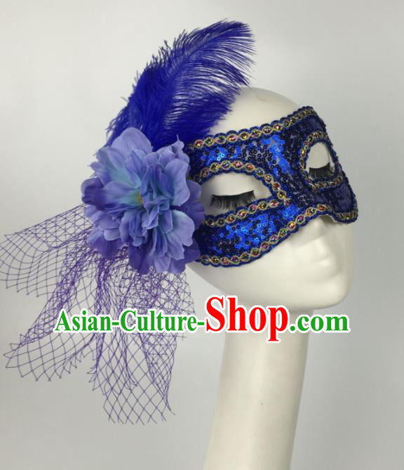 Halloween Exaggerated Accessories Catwalks Blue Feather Sequins Masks for Women Halloween Exaggerated Accessories Catwalks Blue Feather Sequins Masks for Women