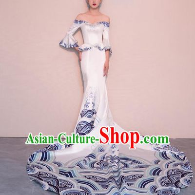 Top Grade Customized Wedding Dress Bride Trailing White Satin Full Dress for Women