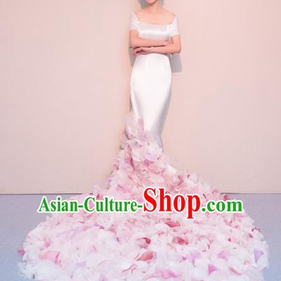 Top Grade Customized Wedding Dress Bride Pink Flowers Trailing Full Dress for Women
