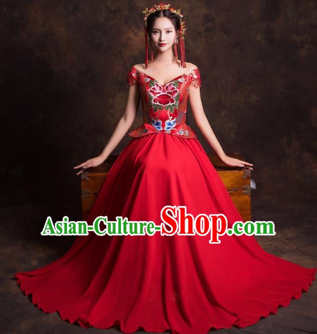 Chinese Traditional Embroidered Red Dress Ancient Wedding Dress for Women