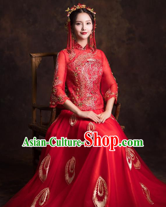 Chinese Traditional Embroidered Red Xiuhe Suits Ancient Wedding Dress for Women Chinese Traditional Embroidered Red Xiuhe Suits Ancient Wedding Dress for Women