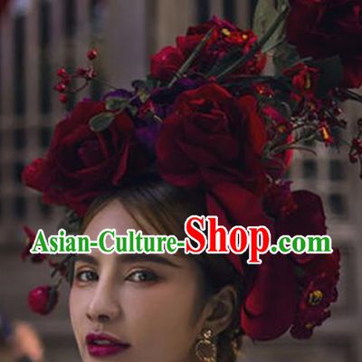 Top Grade Halloween Hair Accessories Baroque Catwalks Red Flowers Headdress for Women
