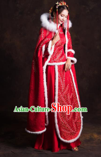 Chinese Traditional Winter Red Xiuhe Suits Ancient Bride Embroidered Wedding Dress for Women Chinese Traditional Winter Red Xiuhe Suits Ancient Bride Embroidered Wedding Dress for Women