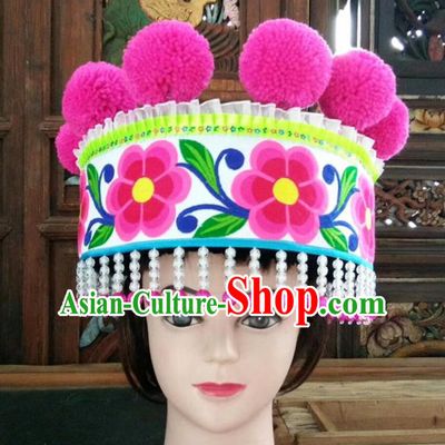 Chinese Traditional National Hat Ethnic Yi Nationality Embroidered Flowers White Hat for Women