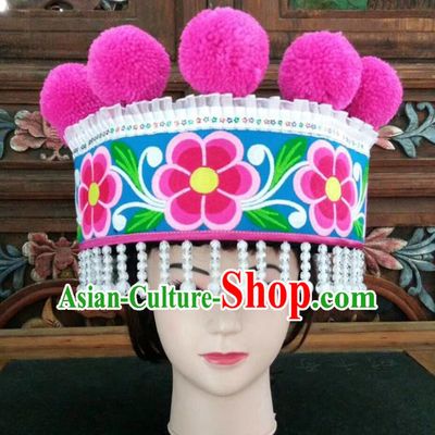 Chinese Traditional National Hat Ethnic Yi Nationality Embroidered Flowers Blue Hat for Women
