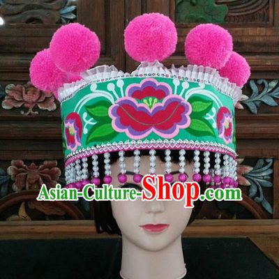Chinese Traditional National Hat Ethnic Yi Nationality Embroidered Flowers Green Hat for Women
