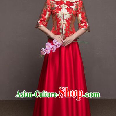 Chinese Traditional Embroidered Wedding Costumes Ancient Bride Red Silk Dress for Women