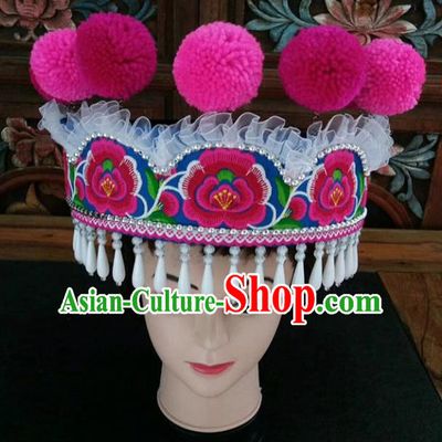 Chinese Traditional National Hat Ethnic Yi Nationality Embroidered White Tassel Hat for Women