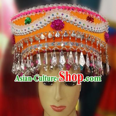 Chinese Traditional National Hat Ethnic Miao Nationality Orange Hat for Women