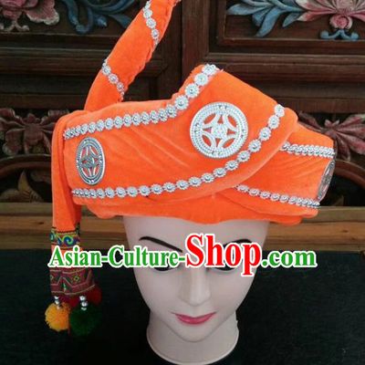 Chinese Traditional National Orange Hat Ethnic Yi Nationality Hat for Men
