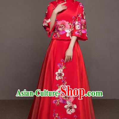 Chinese Traditional Embroidered Peach Blossom Wedding Costumes Ancient Bride Red Dress for Women