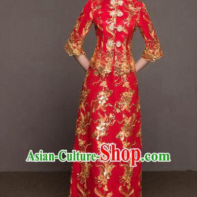 Chinese Traditional Wedding Costumes Ancient Bride Embroidered Red Dress for Women