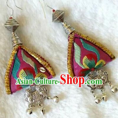 Chinese Traditional National Ear Accessories Ethnic Embroidered Pink Earrings for Women