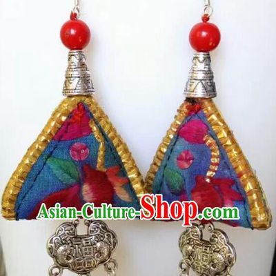 Chinese Traditional National Ear Accessories Ethnic Embroidered Blue Earrings for Women