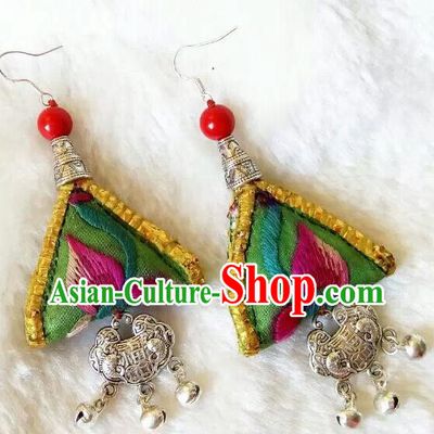 Chinese Traditional National Ear Accessories Ethnic Embroidered Green Earrings for Women