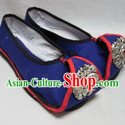 Asian Chinese Traditional Hanfu Shoes Ethnic Blue Embroidered Shoes for Women