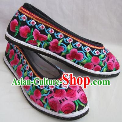 Asian Chinese Traditional Hanfu Shoes Ethnic Black Embroidered Shoes for Women