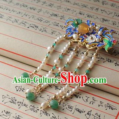 Asian Chinese Traditional Hanfu Hair Accessories Pearls Tassel Hair Sticks Ancient Palace Blueing Hairpins for Women