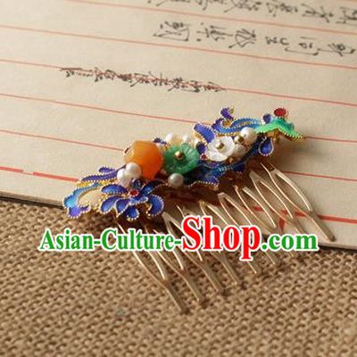 Asian Chinese Traditional Hanfu Hair Comb Ancient Palace Blueing Hairpins for Women