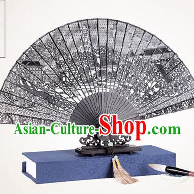 Chinese Traditional Crafts Sandalwood Folding Fans Pierced Tiger Hill Fans Accordion Fan