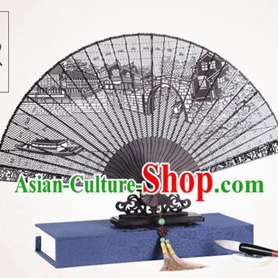 Chinese Traditional Crafts Sandalwood Folding Fans Pierced Jiangnan Watertown Fans Accordion Fan
