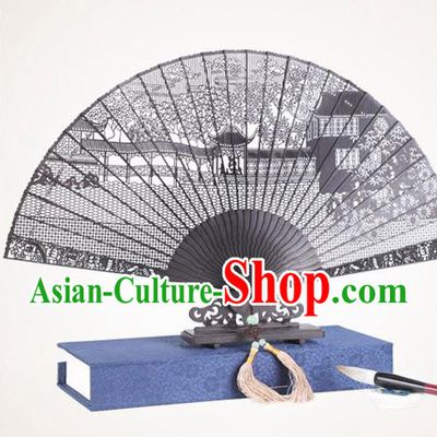 Chinese Traditional Crafts Sandalwood Folding Fans Pierced Suzhou Garden Fans Accordion Fan