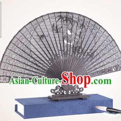 Chinese Traditional Crafts Sandalwood Folding Fans Pierced Cranes Fans Accordion Fan