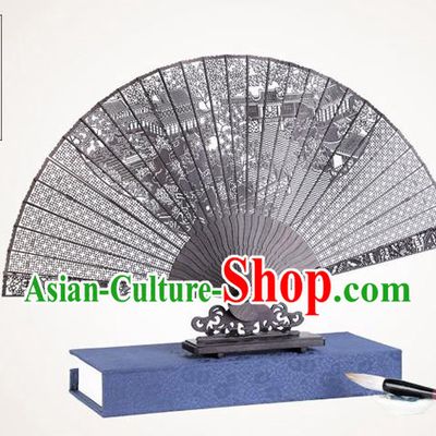 Chinese Traditional Crafts Sandalwood Folding Fans Pierced Zhuozheng Garden Fans Accordion Fan