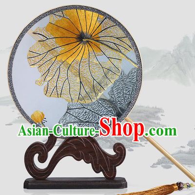Traditional Chinese Crafts Palace Fans Embroidered Lotus Leaf Round Fans Ancient Silk Fan for Women