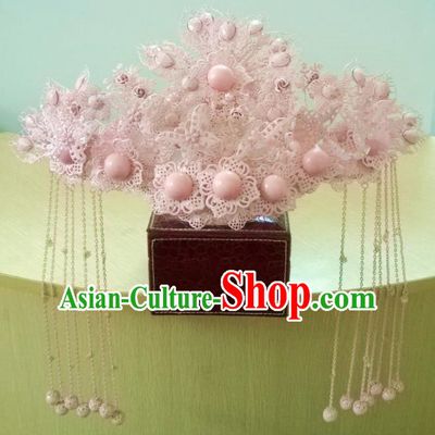 Chinese Classical Wedding Hair Accessories Traditional Ancient Bride Pink Phoenix Coronet for Women