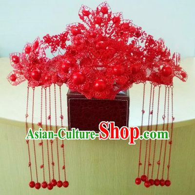 Chinese Classical Wedding Hair Accessories Traditional Ancient Bride Red Phoenix Coronet for Women