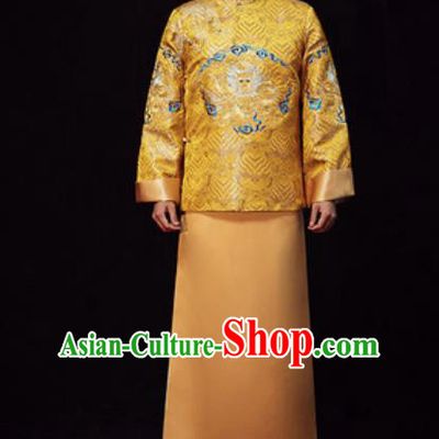 Chinese Traditional Wedding Costumes Ancient Bridegroom Yellow Long Gown for Men
