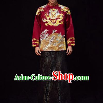 Chinese Traditional Wedding Costumes Ancient Bridegroom Wine Red Long Gown for Men