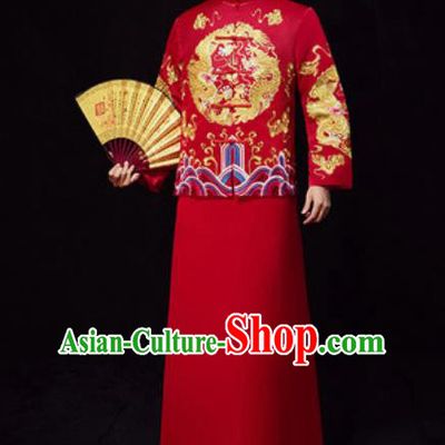 Chinese Traditional Wedding Embroidered Costumes Red Gown Ancient Bridegroom Toast Clothing for Men