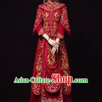 Chinese Traditional Embroidered Phoenix Red Xiuhe Suits Ancient Bride Wedding Dress for Women