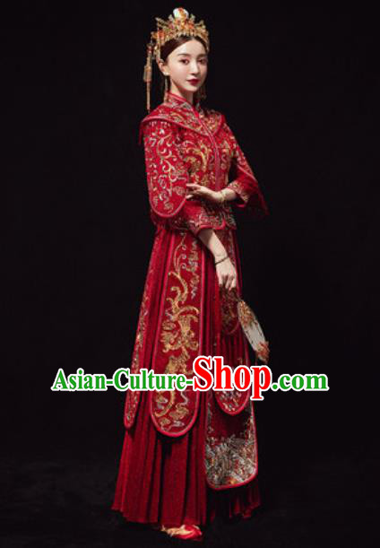 Chinese Traditional Embroidered Phoenix Red Xiuhe Suits Ancient Bride Wedding Dress for Women