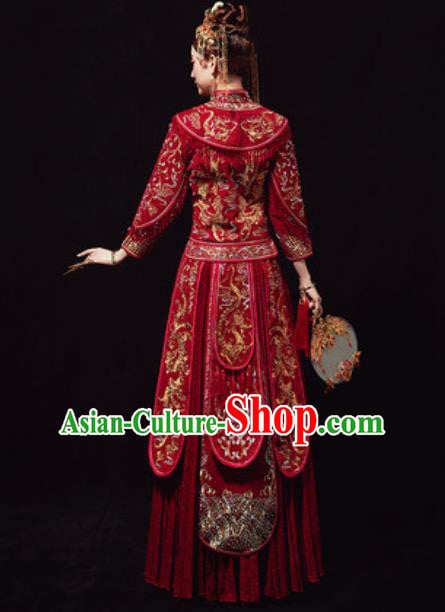 Chinese Traditional Embroidered Phoenix Red Xiuhe Suits Ancient Bride Wedding Dress for Women