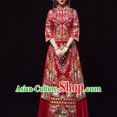 Chinese Traditional Wedding Costumes Embroidered Red Xiuhe Suits Ancient Bride Trailing Dress for Women